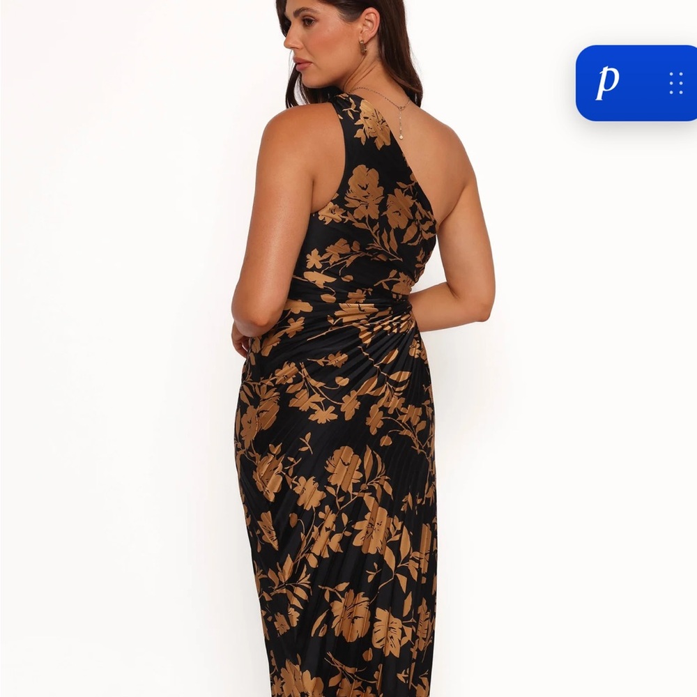 Vici Black One-Shoulder Dress with Gold Floral Motif XS - Picture 3 of 10